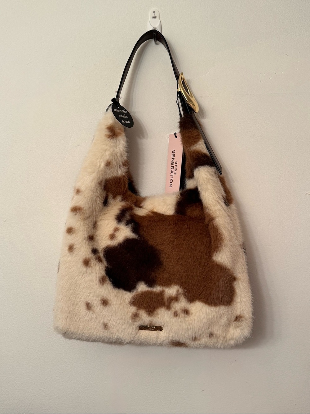 BCBG Generation Faux Fur Cow Print Hobo Shoulder Bag